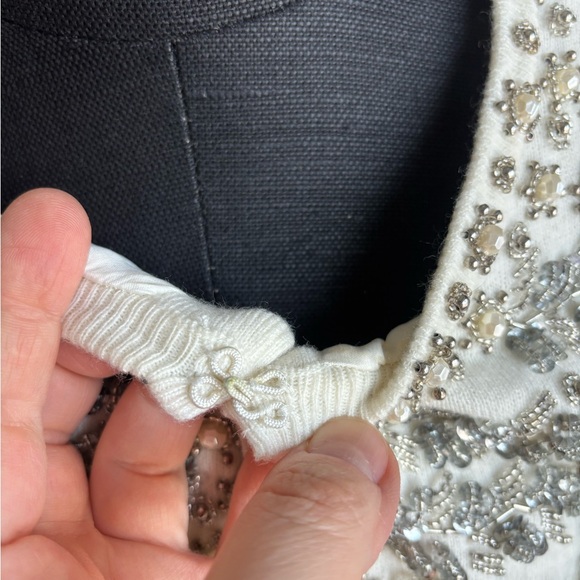 Talbots Cardigan Cream Silver Embellishments Open Front Embroidered Wool Size M - Picture 10 of 10